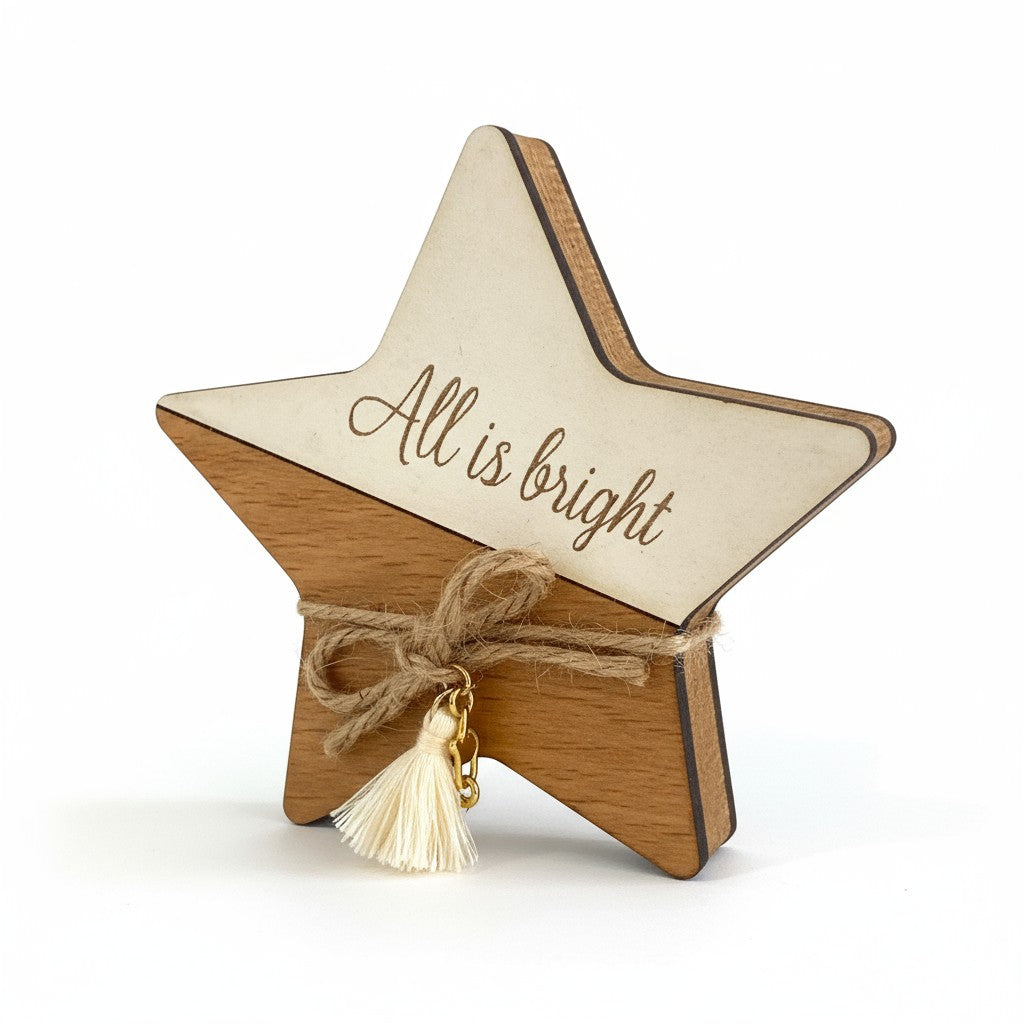 Ξύλινο επιτραπέζιο γούρι All is Bright με φούντα και χαραγμένη ευχή – So Cute by Dimi