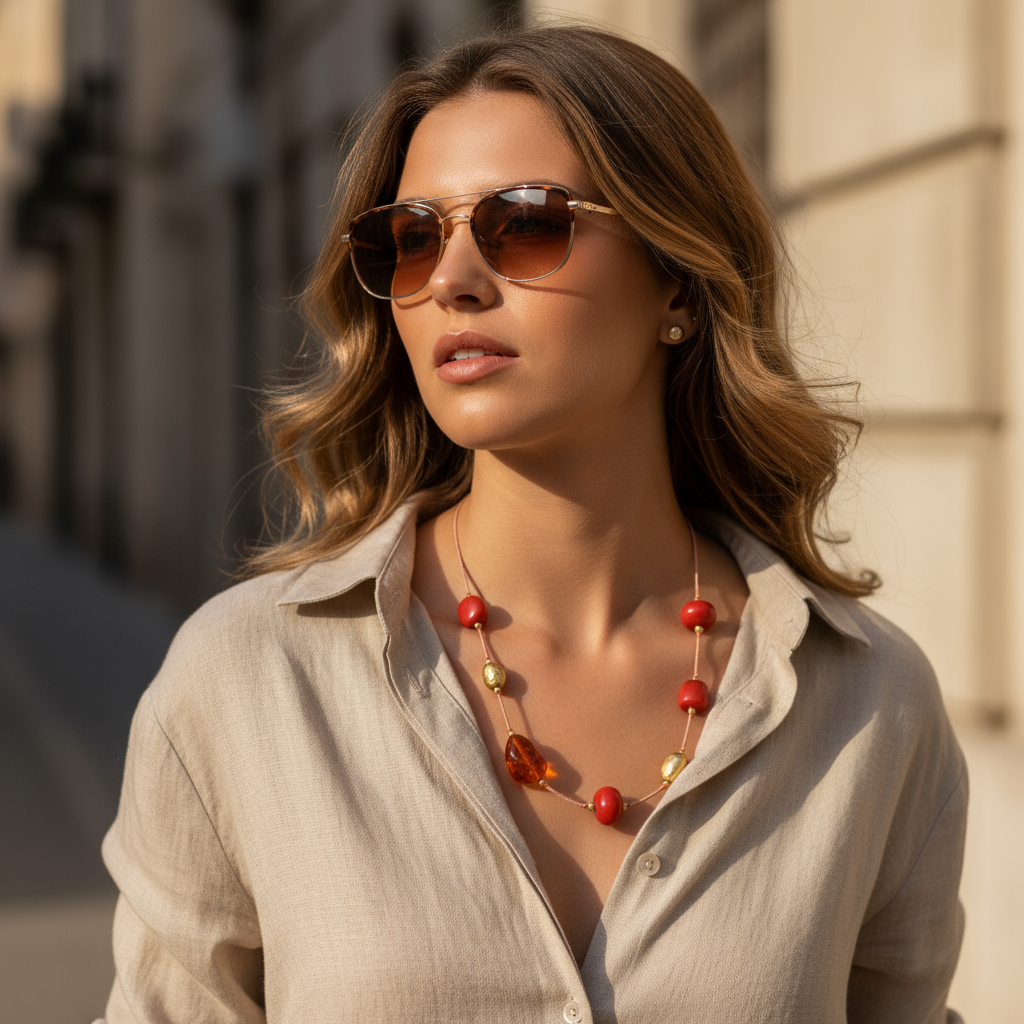 Μακρύ κολιέ με κορδόνι, χάντρες πέτρας και ατσάλινα μεταλλικά στοιχεία – So Cute by Dimi