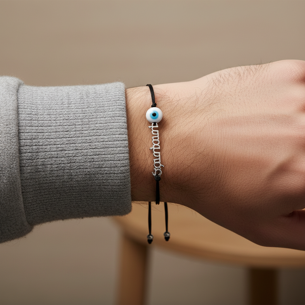 Ανδρικό χειροποίητο βραχιόλι “μπαμπάς” με διπλό κορδόνι και ματάκι – So Cute by Dimi