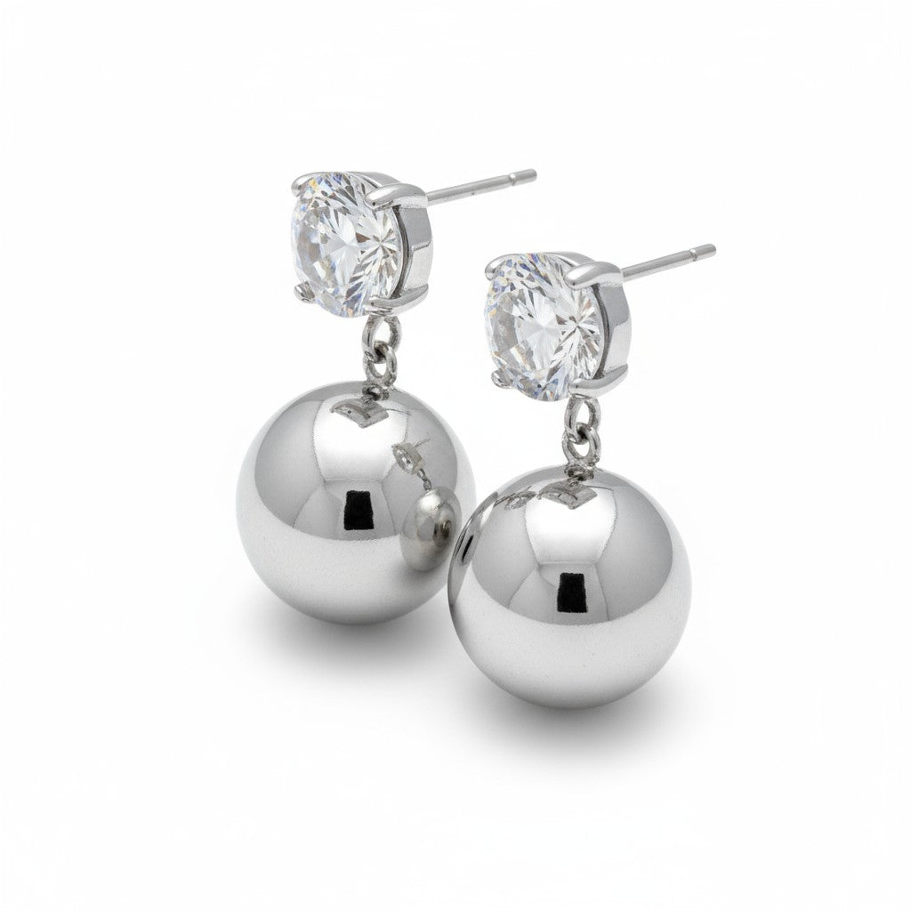 Ατσάλινα Σκουλαρίκια με Ζιργκόν & Στρογγυλή Μεταλλική Σφαίρα | So Cute By Dimi