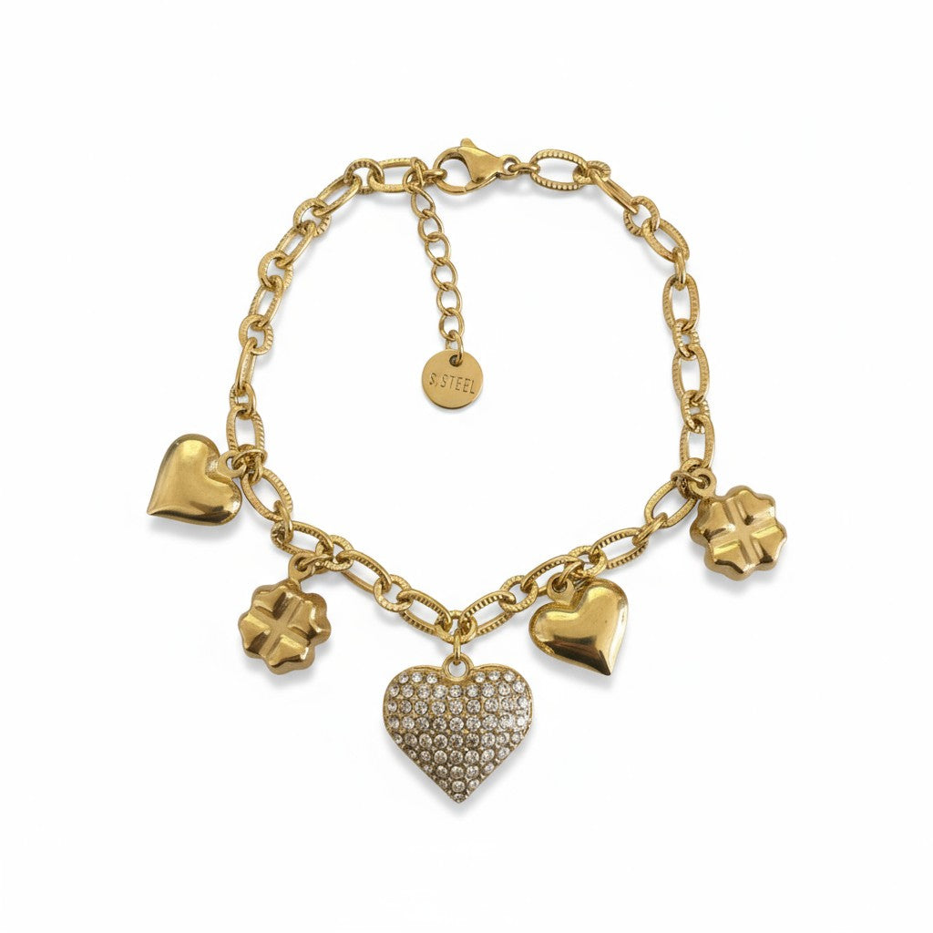 Βραχιόλι από ατσάλι με καρδιές και τετράφυλλα, διακοσμημένο με ζιργκόν, σε χρυσό και ασημί. So Cute by Dimi