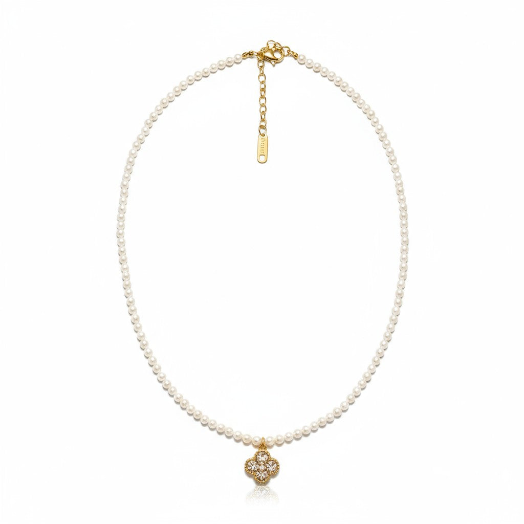 Ατσάλινο κολιέ με πέρλες και μοτίφ clover με ζιργκόν So Cute by Dimi