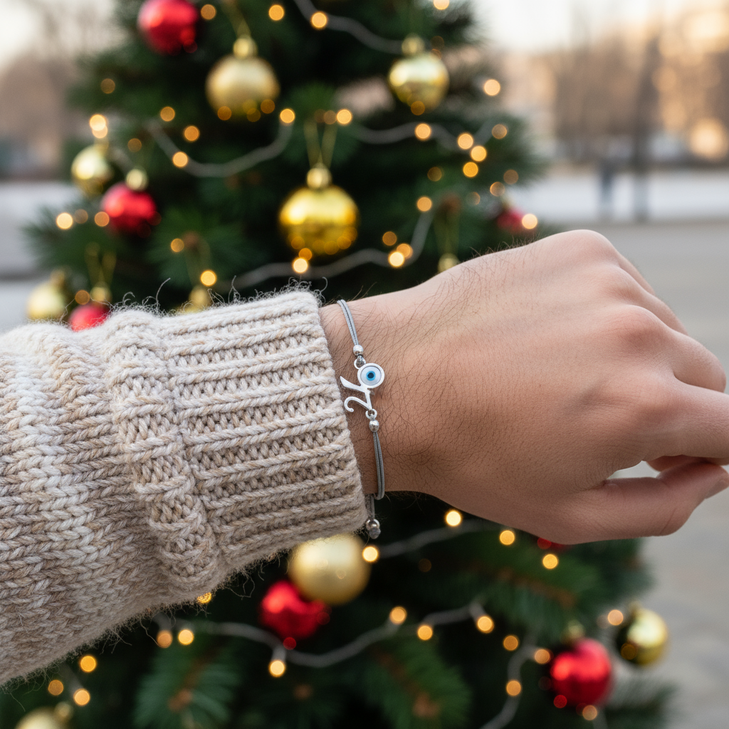 Ανδρικό βραχιόλι-γούρι 2026 με μάτι και κορδόνι σε τέσσερα χρώματα.