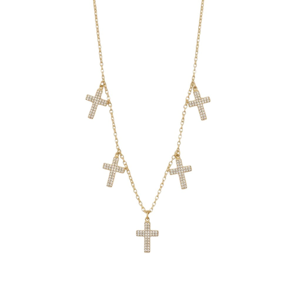 Ατσάλινο κολιέ με πέντε σταυρούς και ζιργκόν – Crystal Cross Charm Necklace So Cute by Dimi