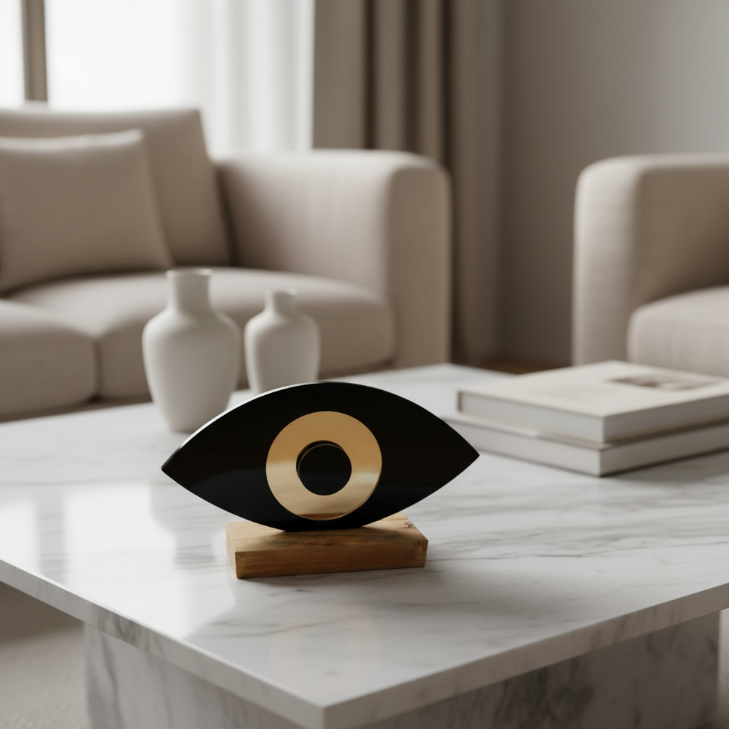 Οβάλ χειροποίητο γούρι plexiglass με μάτι και ξύλινη βάση σε μαύρο χρώμα– So Cute by Dimi