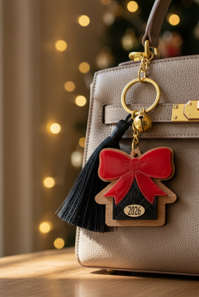 Χειροποίητο μπρελόκ γούρι 2026 με ξύλινο σπίτι, κόκκινο plexi φιόγκο, μαύρη φουντίτσα και χρυσό κουδουνάκι.