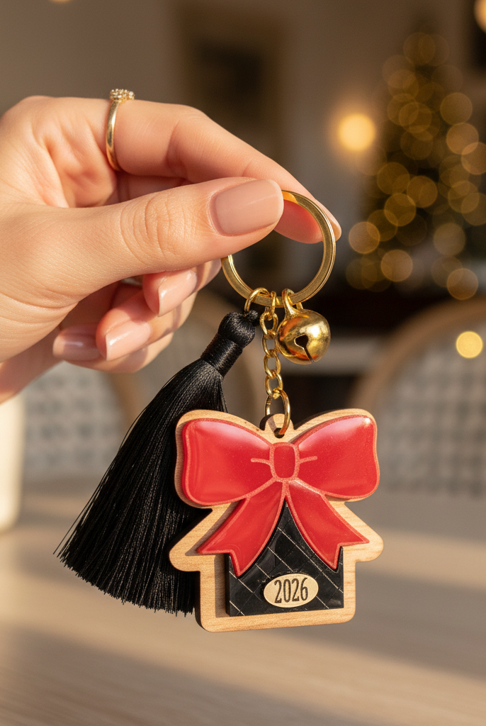 Χειροποίητο μπρελόκ γούρι 2026 με ξύλινο σπίτι, κόκκινο plexi φιόγκο, μαύρη φουντίτσα και χρυσό κουδουνάκι.