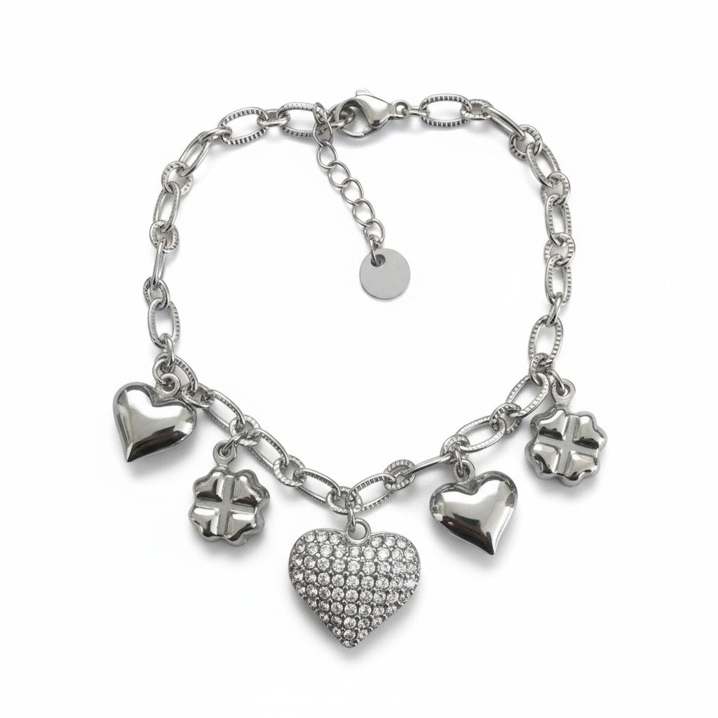 Βραχιόλι από ατσάλι με καρδιές και τετράφυλλα, διακοσμημένο με ζιργκόν, σε χρυσό και ασημί. So Cute by Dimi