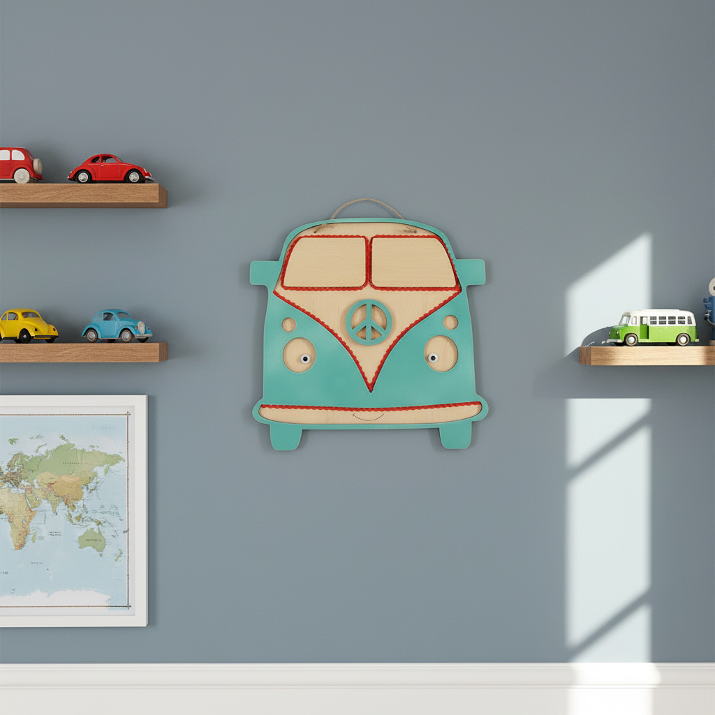 Handmade turquoise wooden VW bus frame 29×25 cm, children’s room wall decor, So Cute by Dimi.