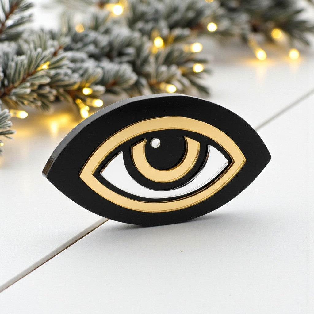 Γούρι μάτι από μαύρο πλεξιγκλάς με χρυσό & ασημί καθρέφτη – So Cute by Dimi