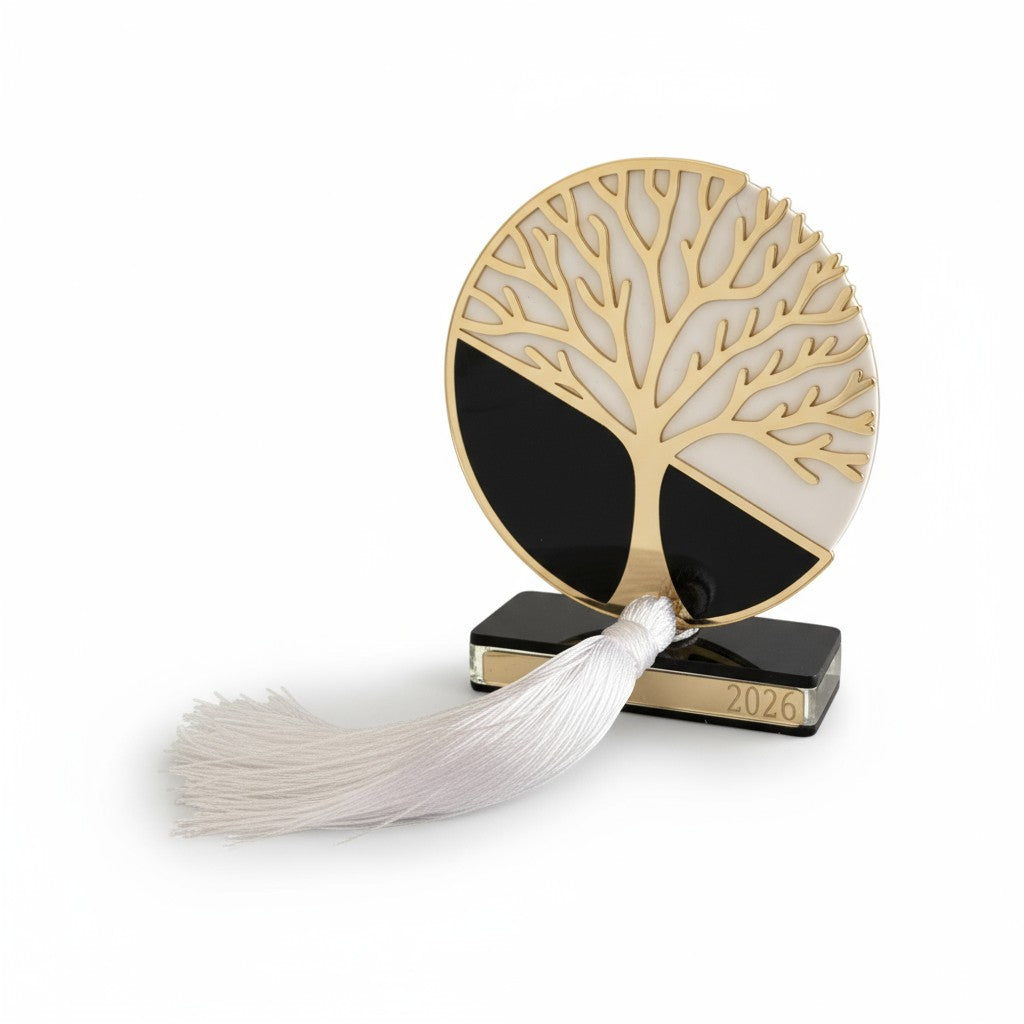 Plexiglass γούρι Tree of Life 2026 σε μαύρο-λευκό-χρυσό με λευκή φούντα — So Cute by Dimi