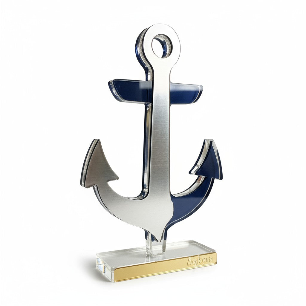 Χειροποίητο επιτραπέζιο γούρι άγκυρα από πλεξιγκλάς καθρέφτη σε ασημί και μπλε, So Cute by Dimi.