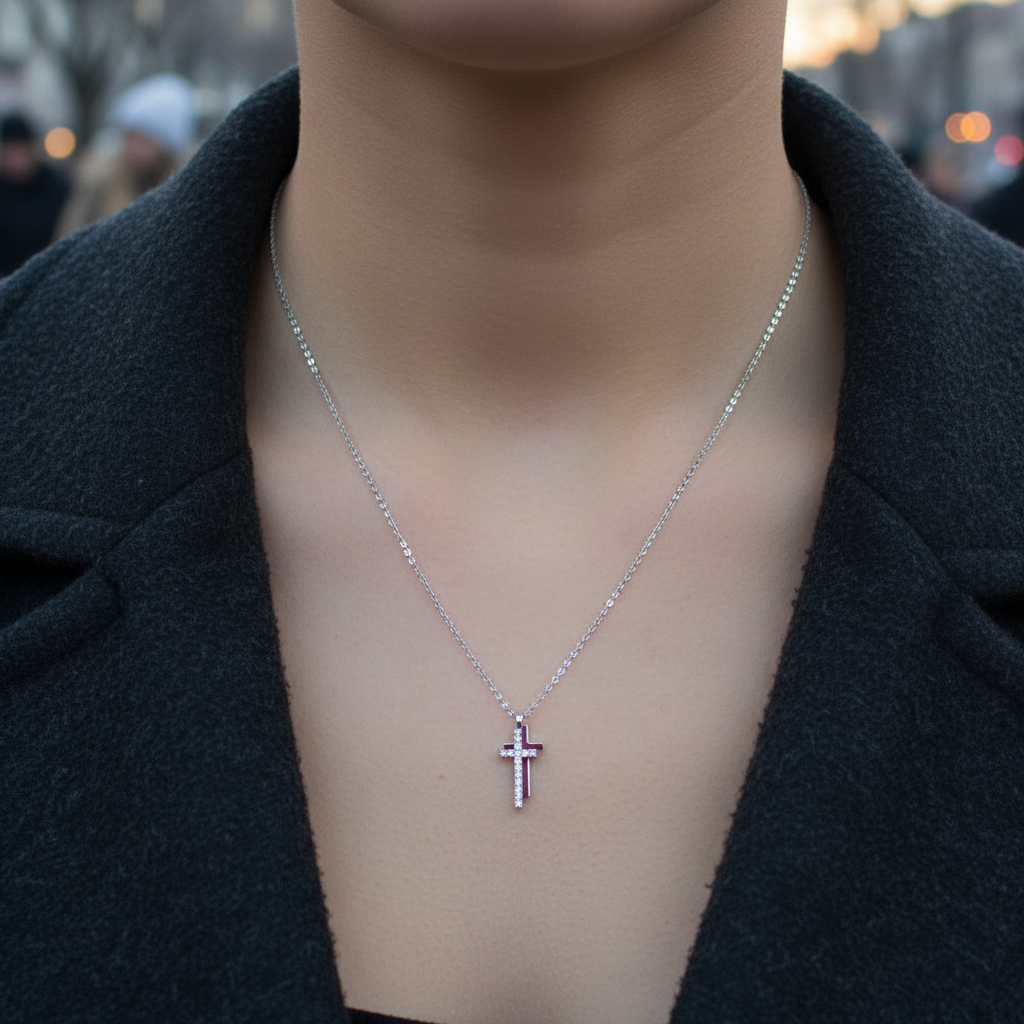 Stainless steel double-cross necklace with crystals in silver – So Cute by Dimi.