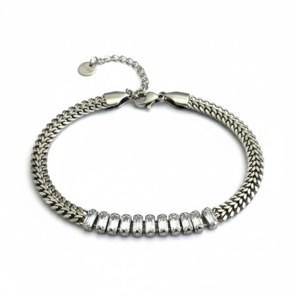 Stainless steel double-chain bracelet with baguette crystals in gold and silver – So Cute by Dimi.