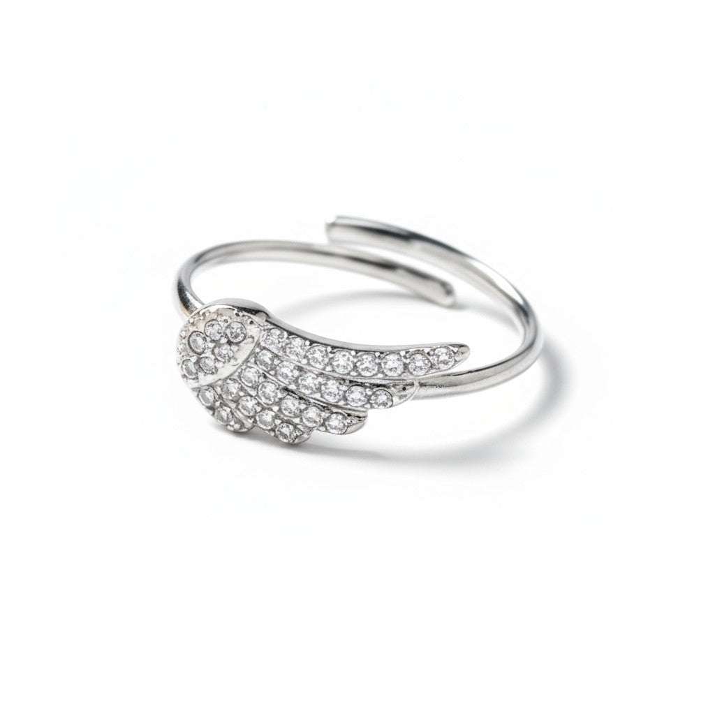 Crystal Angel Ring – Ατσάλινο Δαχτυλίδι με Φτερό Αγγέλου & Ζιργκόν | So Cute by Dimi