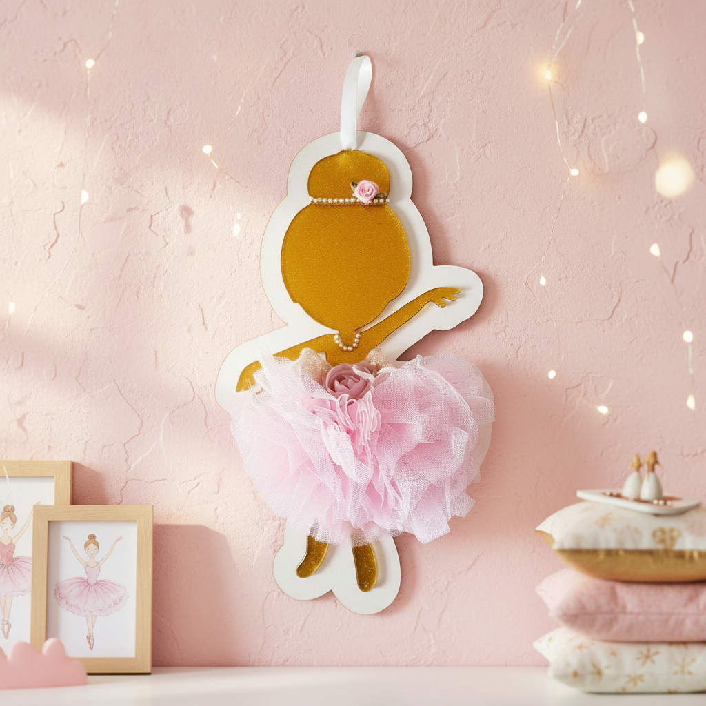 Χειροποίητο ξύλινο κάδρο μπαλαρίνα με τούλι, πέρλες και λουλούδια σε ροζ-χρυσές αποχρώσεις – So Cute by Dimi