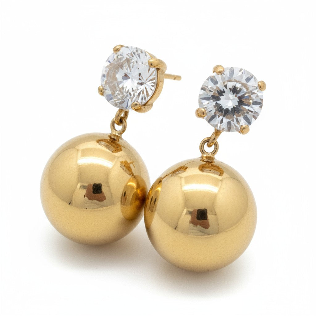 Ατσάλινα Σκουλαρίκια με Ζιργκόν & Στρογγυλή Μεταλλική Σφαίρα | So Cute By Dimi