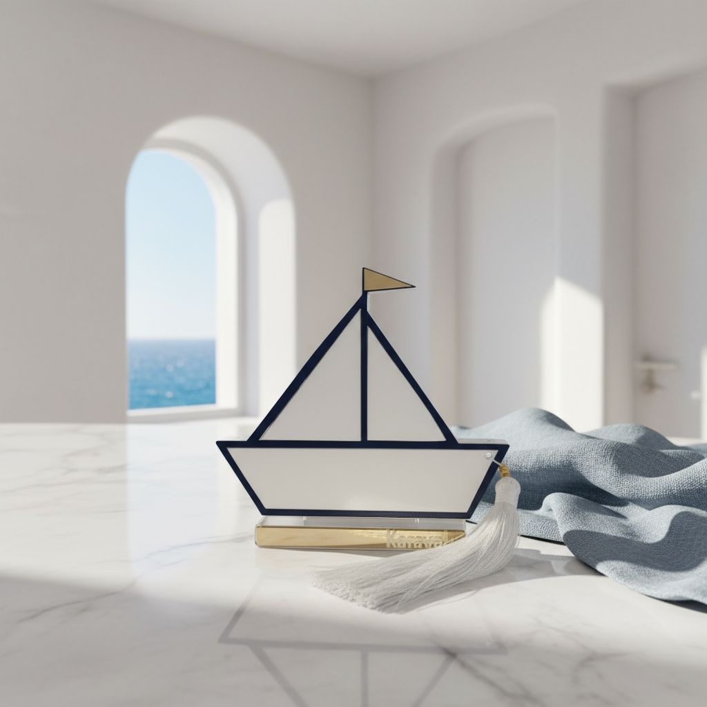 Επιτραπέζιο γούρι καραβάκι από πλεξιγκλάς καθρέφτη με μπλε και χρυσές λεπτομέρειες, σε minimal κυκλαδίτικο σκηνικό με λευκό μάρμαρο, θαλασσινές αποχρώσεις και φυσικό φως, So Cute by Dimi.