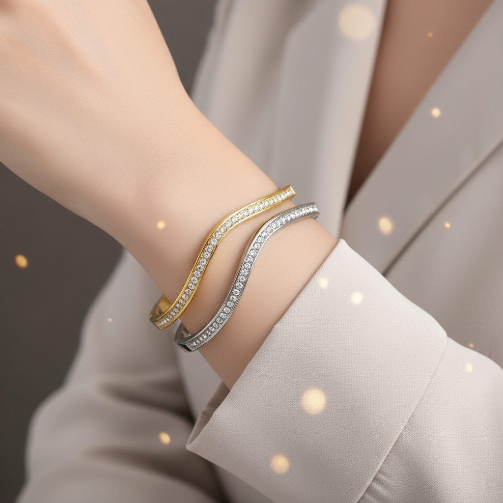 Ατσάλινο βραχιόλι με κυματιστή γραμμή και ζιργκόν – Crystal Wave Bangle