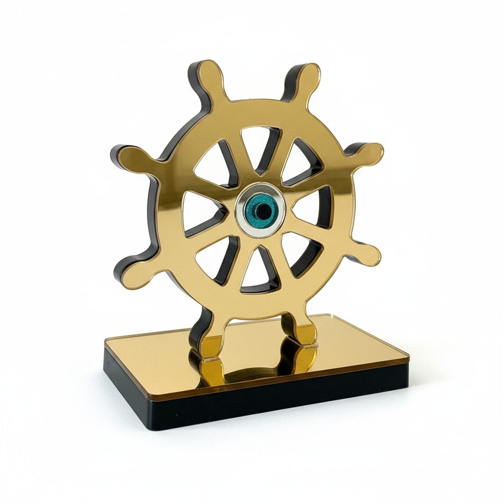 Χειροποίητο γούρι τιμόνι πλοίου με μάτι από πλεξιγκλάς καθρέφτη σε χρυσό ή ασημί, επιτραπέζιο διακοσμητικό So Cute by Dimi.
