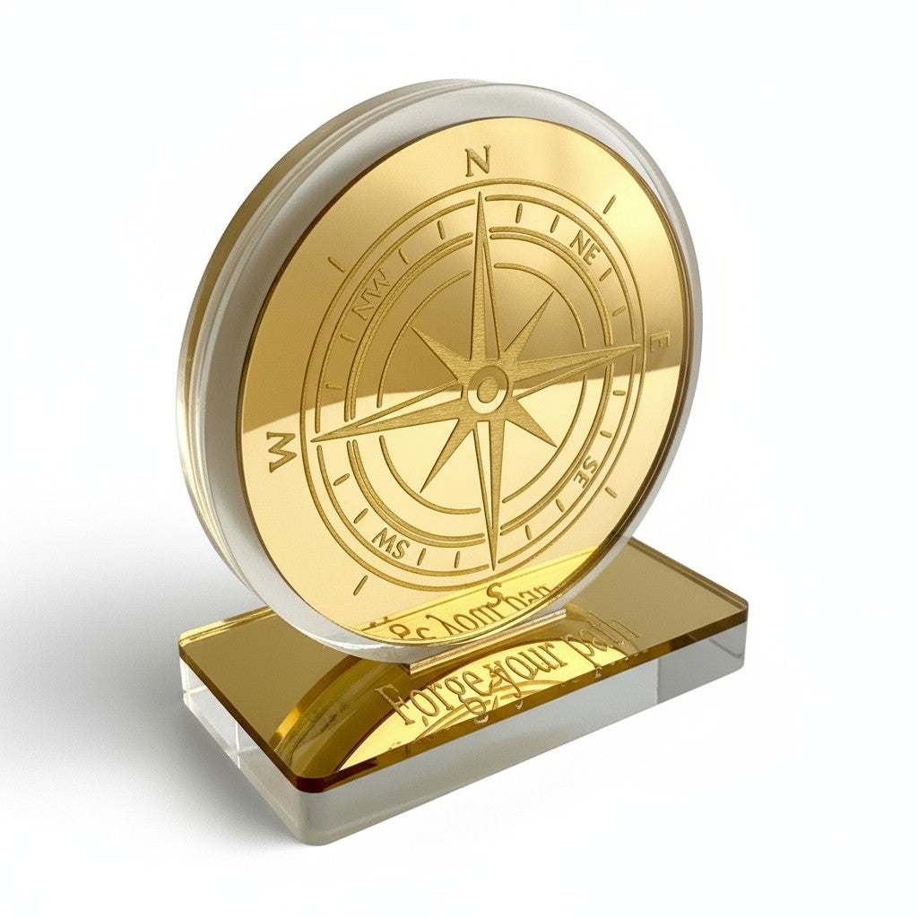 Χειροποίητο επιτραπέζιο γούρι πυξίδα από πλεξιγκλάς καθρέφτη με χάραξη, διαθέσιμο σε μαύρο ή λευκό με χρυσό ή ασημί, So Cute by Dimi.
