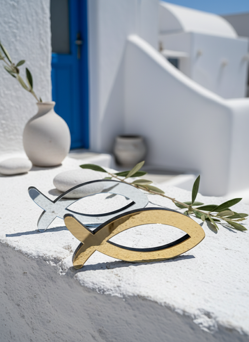 Χρυσό και ασημί επιτραπέζιο ψάρι από πλεξιγκλάς σε κυκλαδίτικο σκηνικό πάνω σε λευκή επιφάνεια