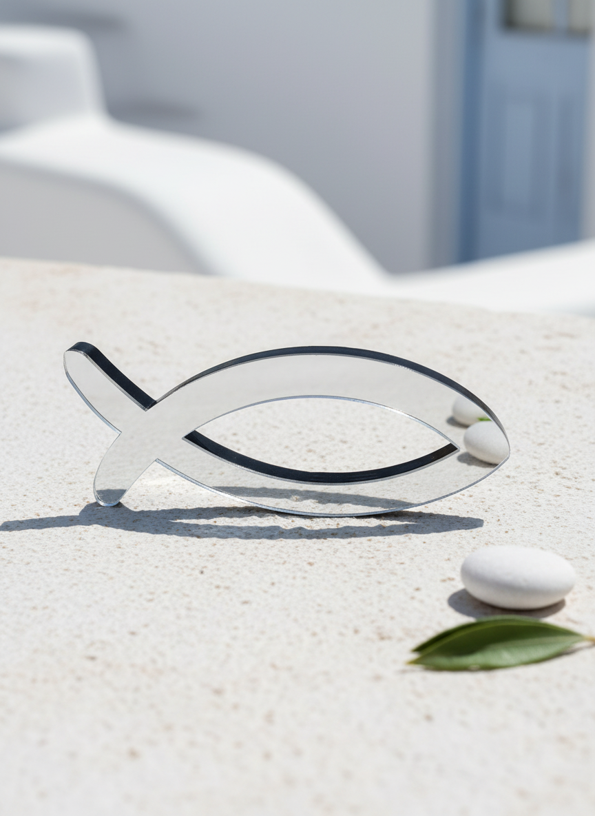 Ασημί επιτραπέζιο ψάρι από πλεξιγκλάς με κυκλαδίτικο background και κλαδάκι ελιάς