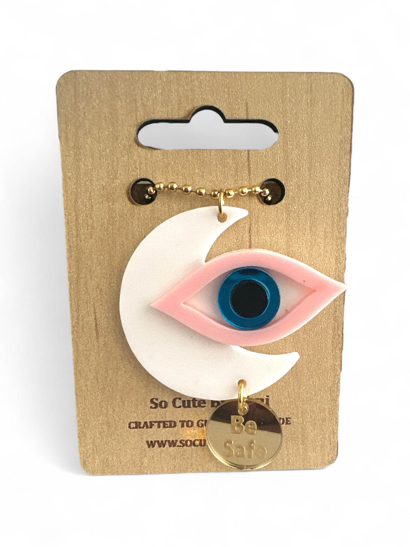 Γούρια αυτοκινήτου σε σχήμα μισοφέγγαρου με μάτι σε ροζ και γκρι πλέξιγκλας, μπλε διάφανο κέντρο και μεταλλικό charm “Be Safe”