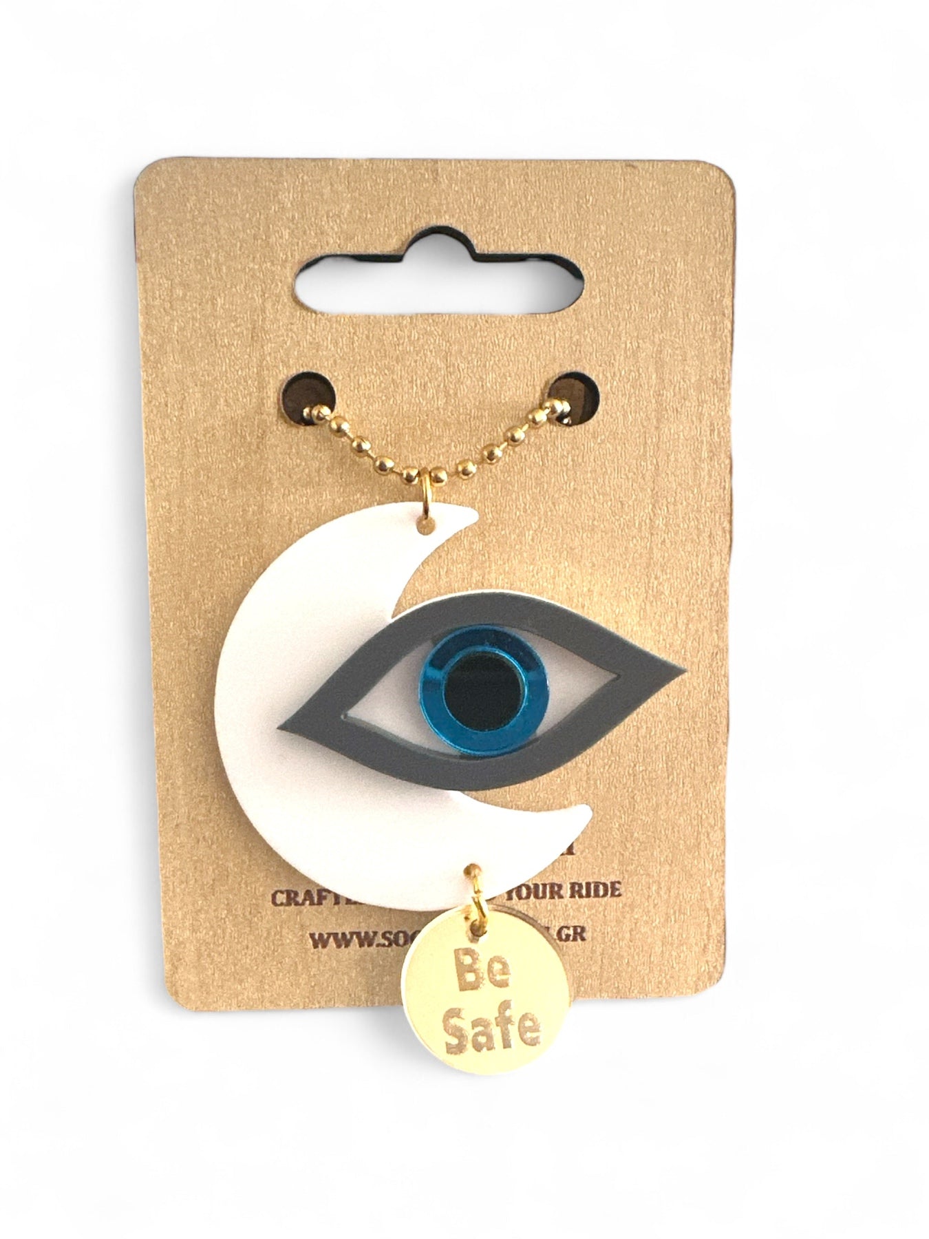 Γούρια αυτοκινήτου σε σχήμα μισοφέγγαρου με μάτι σε ροζ και γκρι πλέξιγκλας, μπλε διάφανο κέντρο και μεταλλικό charm “Be Safe”