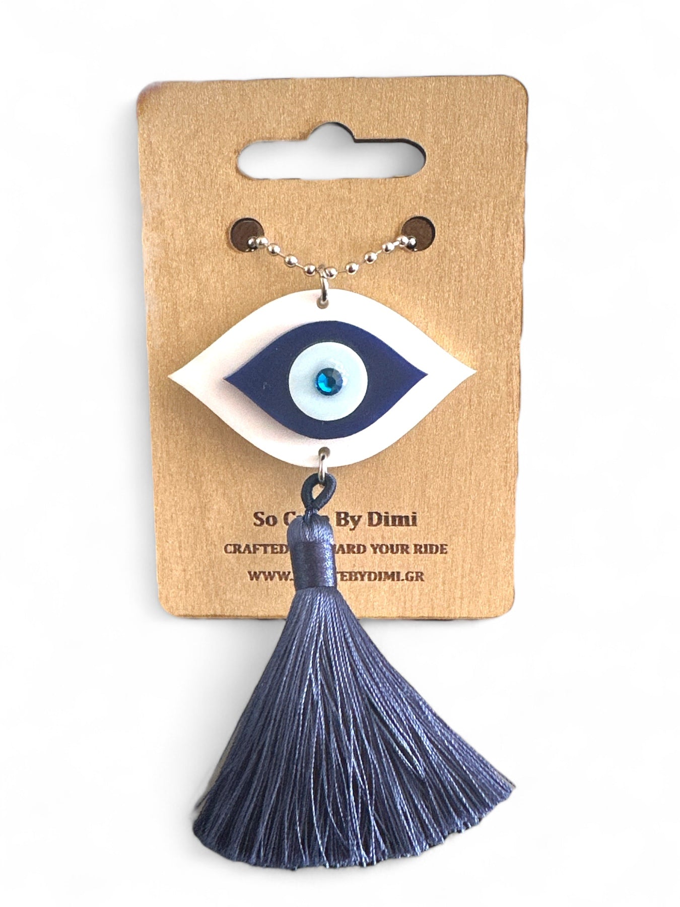 Γούρι αυτοκινήτου μάτι με navy blue λεπτομέρειες, γαλάζιο κέντρο και μπλε κρύσταλλο, με φούντα και μεταλλική αλυσίδα