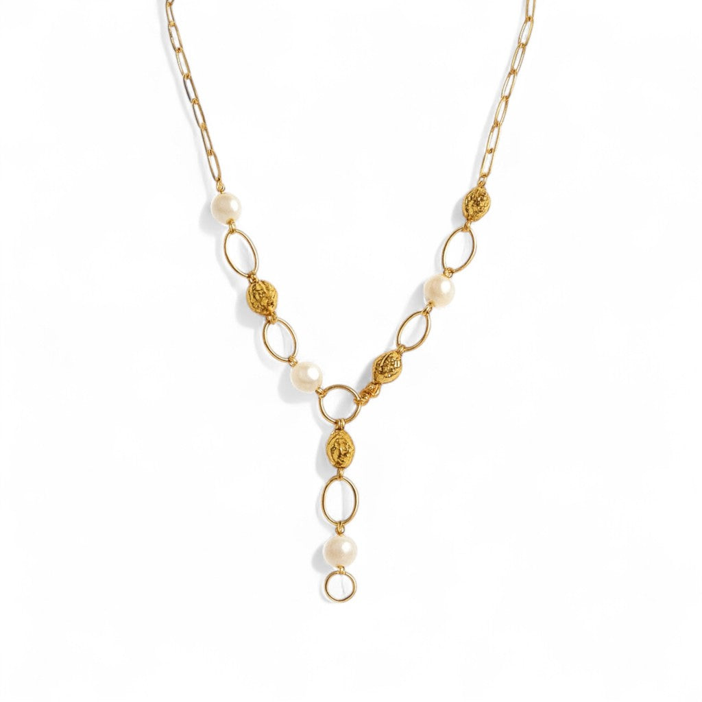 Elara Necklace – Ατσάλινο Κολιέ Τύπου Υ με Πέρλες & Ανάγλυφα Κρίκους | So Cute by Dimi