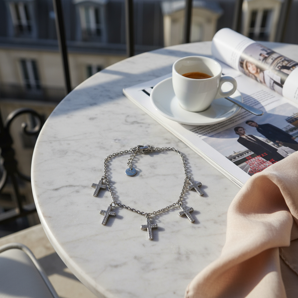 Ατσάλινο βραχιόλι με σταυρούς ζιργκόν σε ασημί – So Cute by Dimi