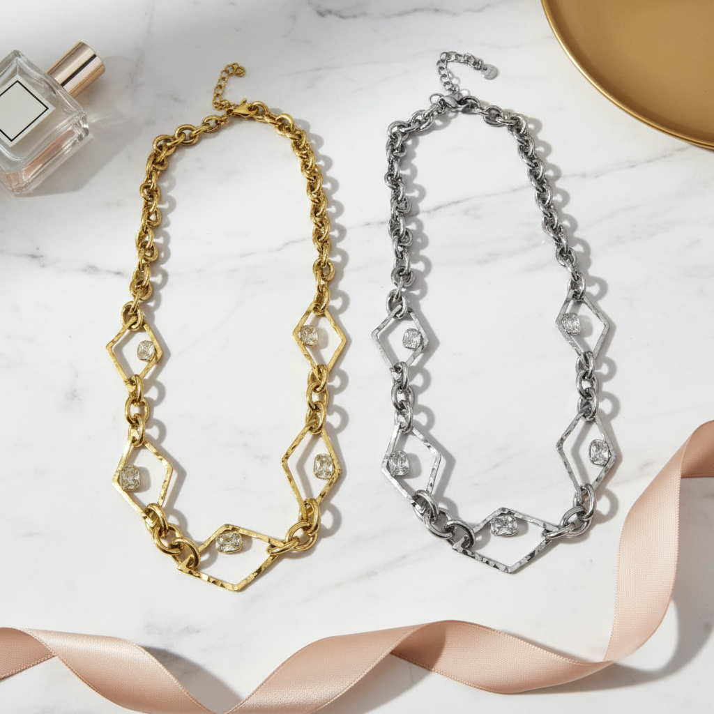 Rhombus Glow Necklace – Ατσάλινο κολιέ με ρομβοειδείς συνδέσμους και ζιργκόν σε ασημί και χρυσό, So Cute by Dimi