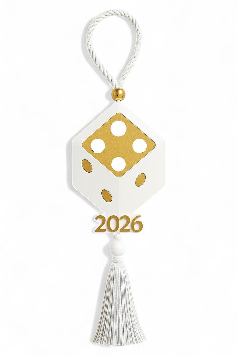 Plexiglass γούρι ζάρι Symbolic Luxe 2026 μαύρο-χρυσό ή λευκό-χρυσό με φούντα — So Cute by Dimi