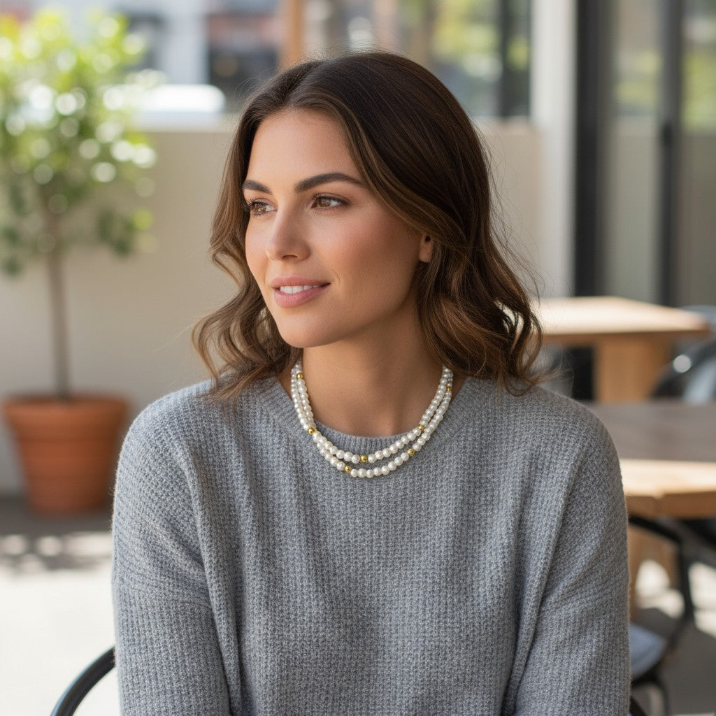 Χειροποίητο κολιέ με διπλή σειρά πέρλες και χάντρες αιματίτη – Charly Necklace – So Cute by Dimi