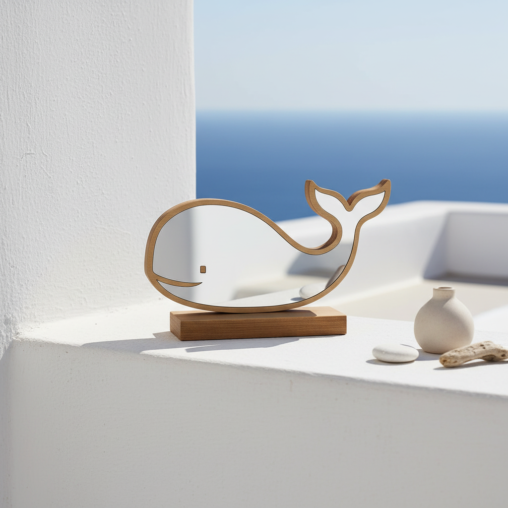 πιτραπέζιο διακοσμητικό φάλαινα από ξύλο με καθρέφτη silver mirror σε κυκλαδίτικο σκηνικό– So Cute by Dimi