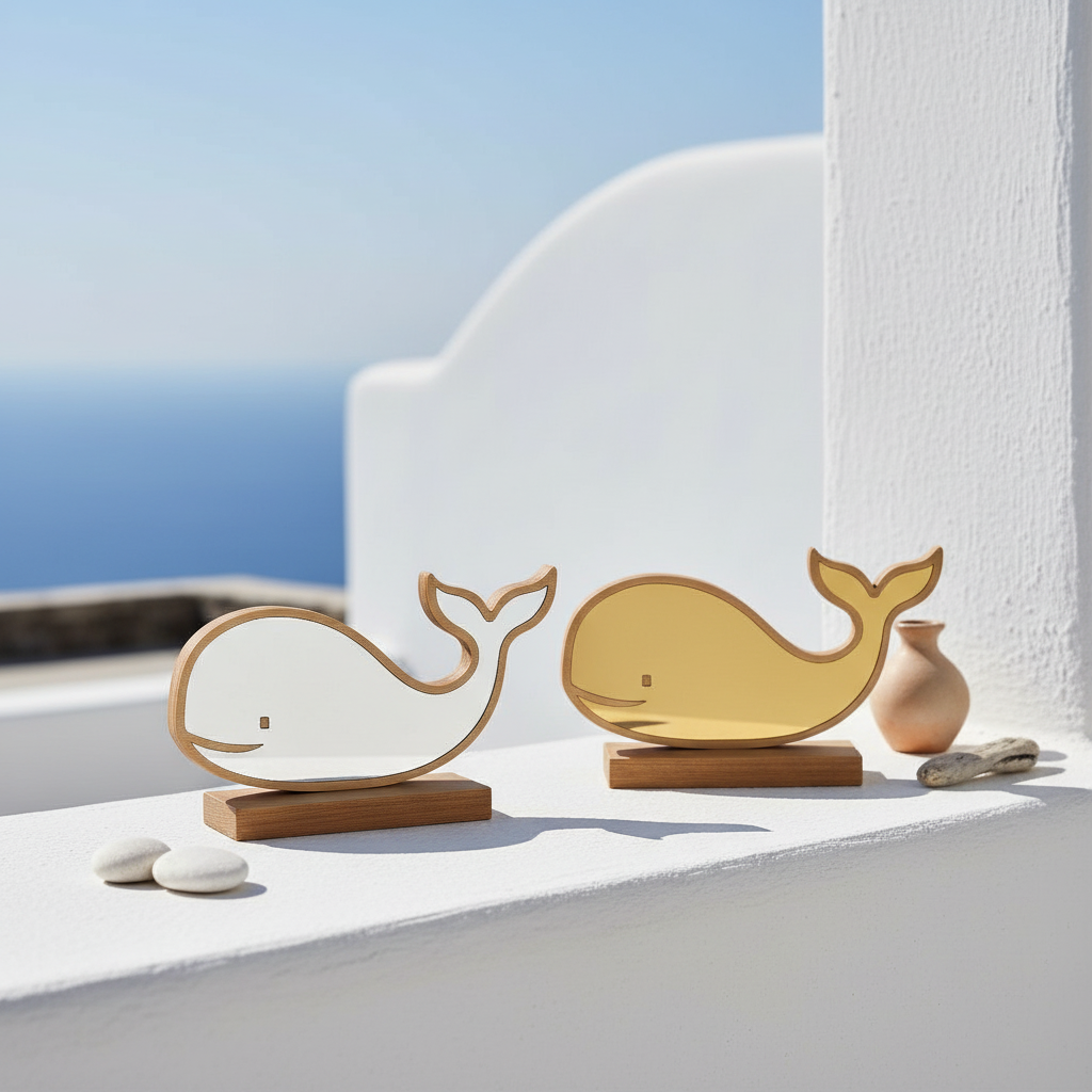 Επιτραπέζιο διακοσμητικό φάλαινα από ξύλο με καθρέφτη gold ή silver mirror σε κυκλαδίτικο σκηνικό– So Cute by Dimi