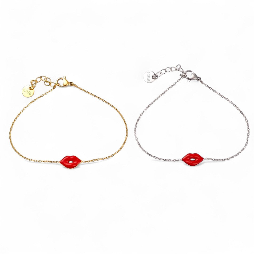 Ατσάλινο βραχιόλι Red Lips με κόκκινα χείλη από σμάλτο σε χρυσό και ασημί