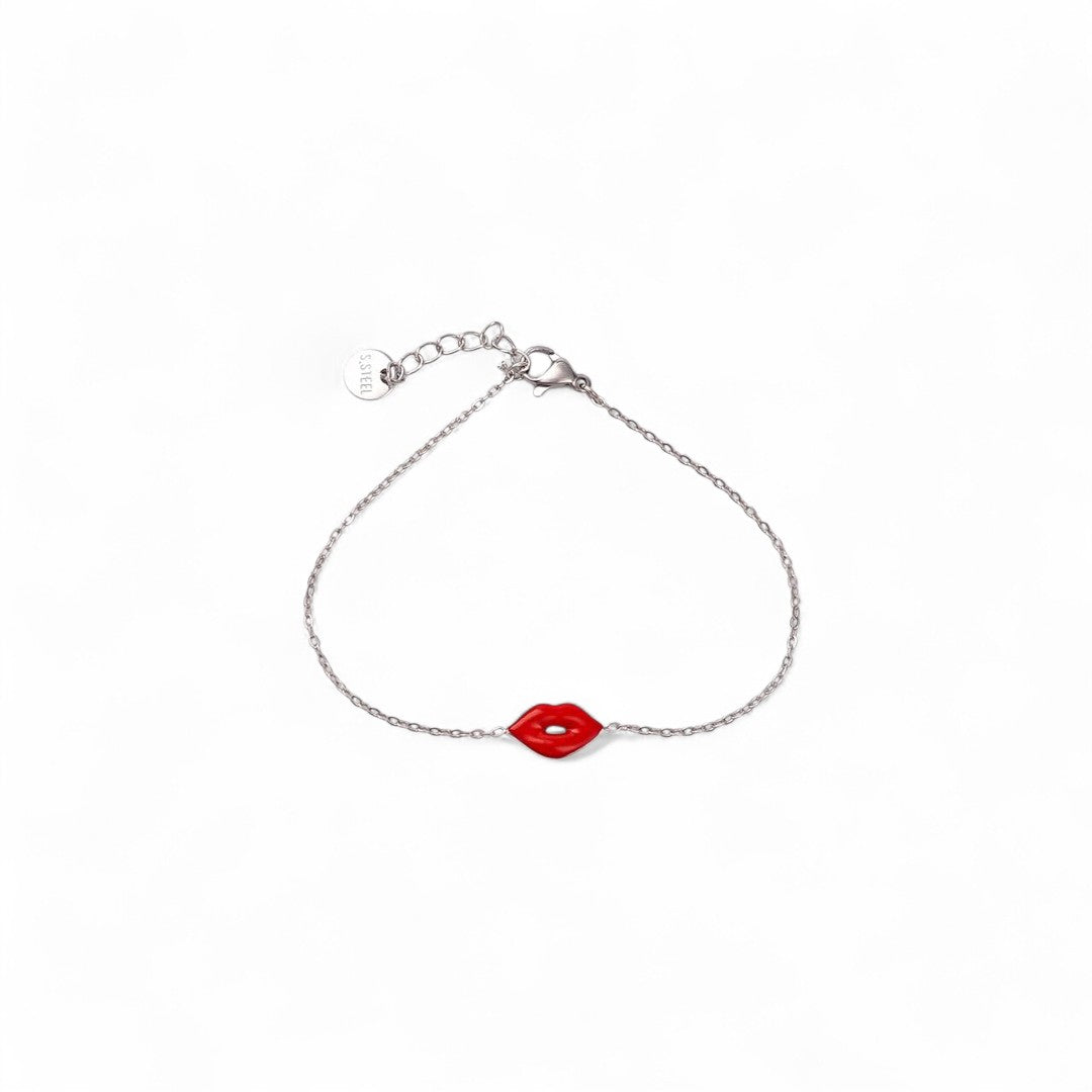 Ατσάλινο βραχιόλι Red Lips με κόκκινα χείλη από σμάλτο σε ασημί