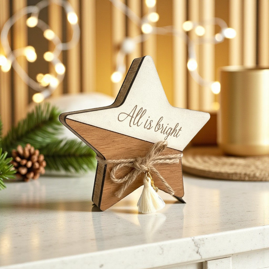 Ξύλινο επιτραπέζιο γούρι All is Bright με φούντα και χαραγμένη ευχή – So Cute by Dimi