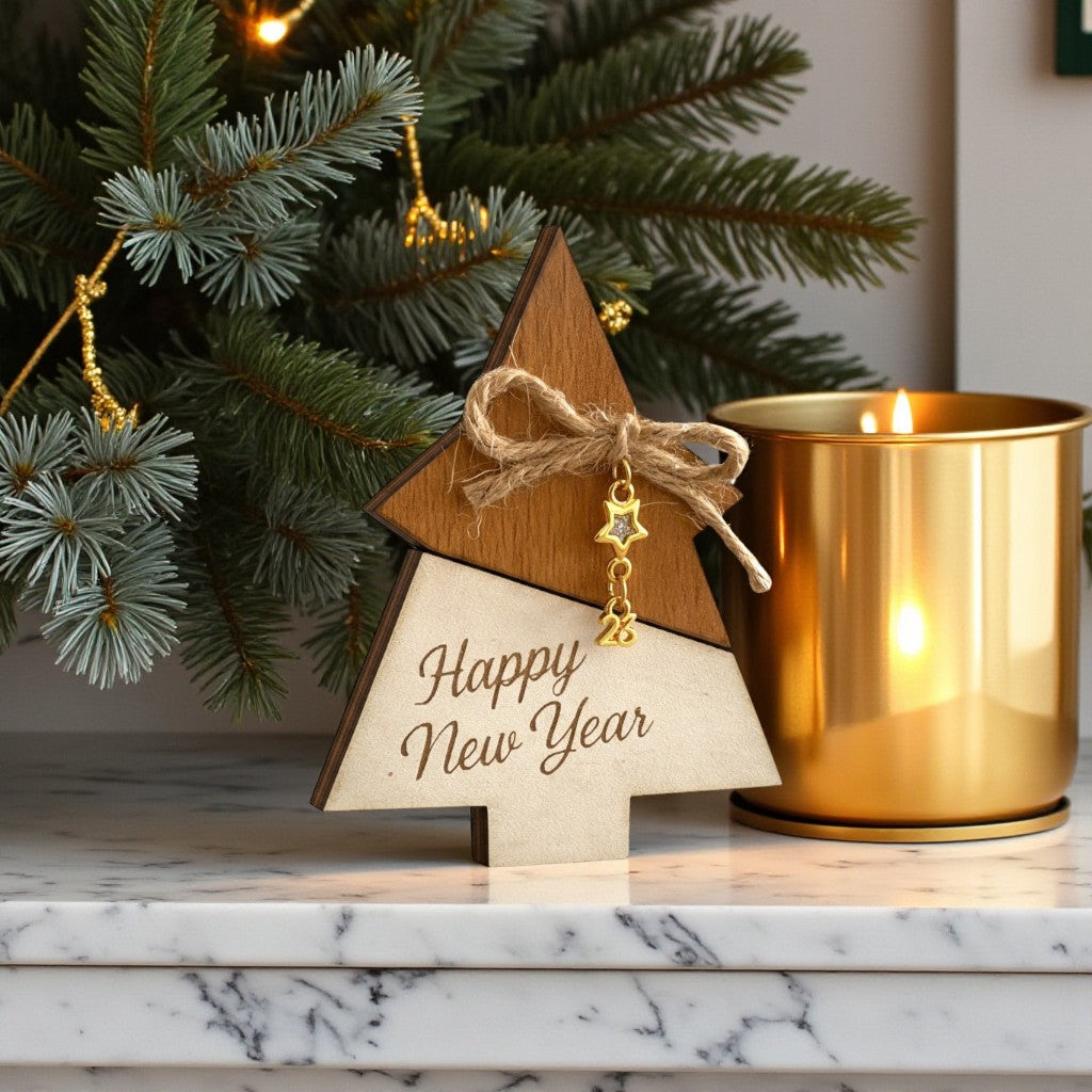 Ξύλινο χειροποίητο γούρι Έλατο, Happy New Year με αστεράκι και φιόγκο λινάτσας – So Cute by Dimi