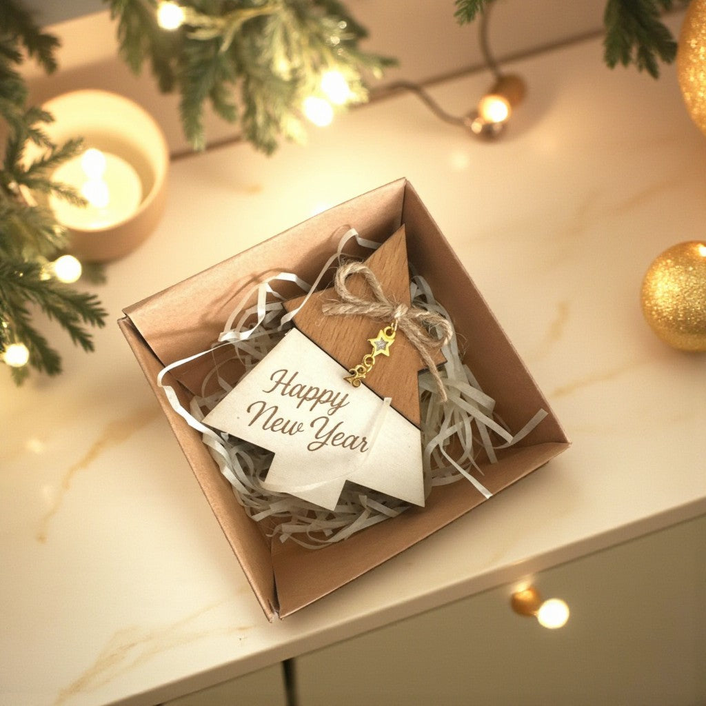 Ξύλινο χειροποίητο γούρι Έλατο, Happy New Year με αστεράκι και φιόγκο λινάτσας – So Cute by Dimi