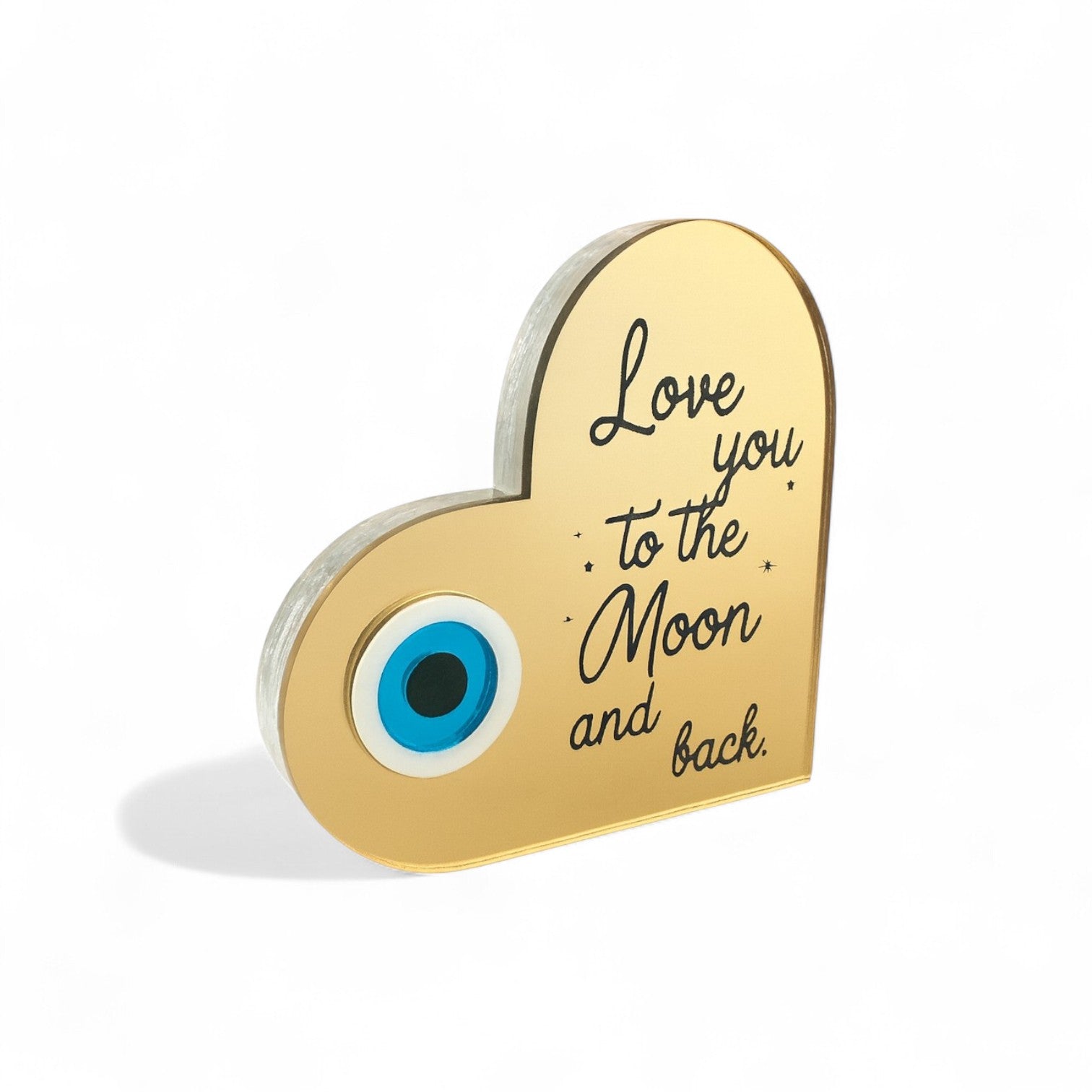 Χειροποίητο γούρι καρδιά από πλεξιγκλάς καθρέφτη με ματάκι και quote Love you to the Moon and Back