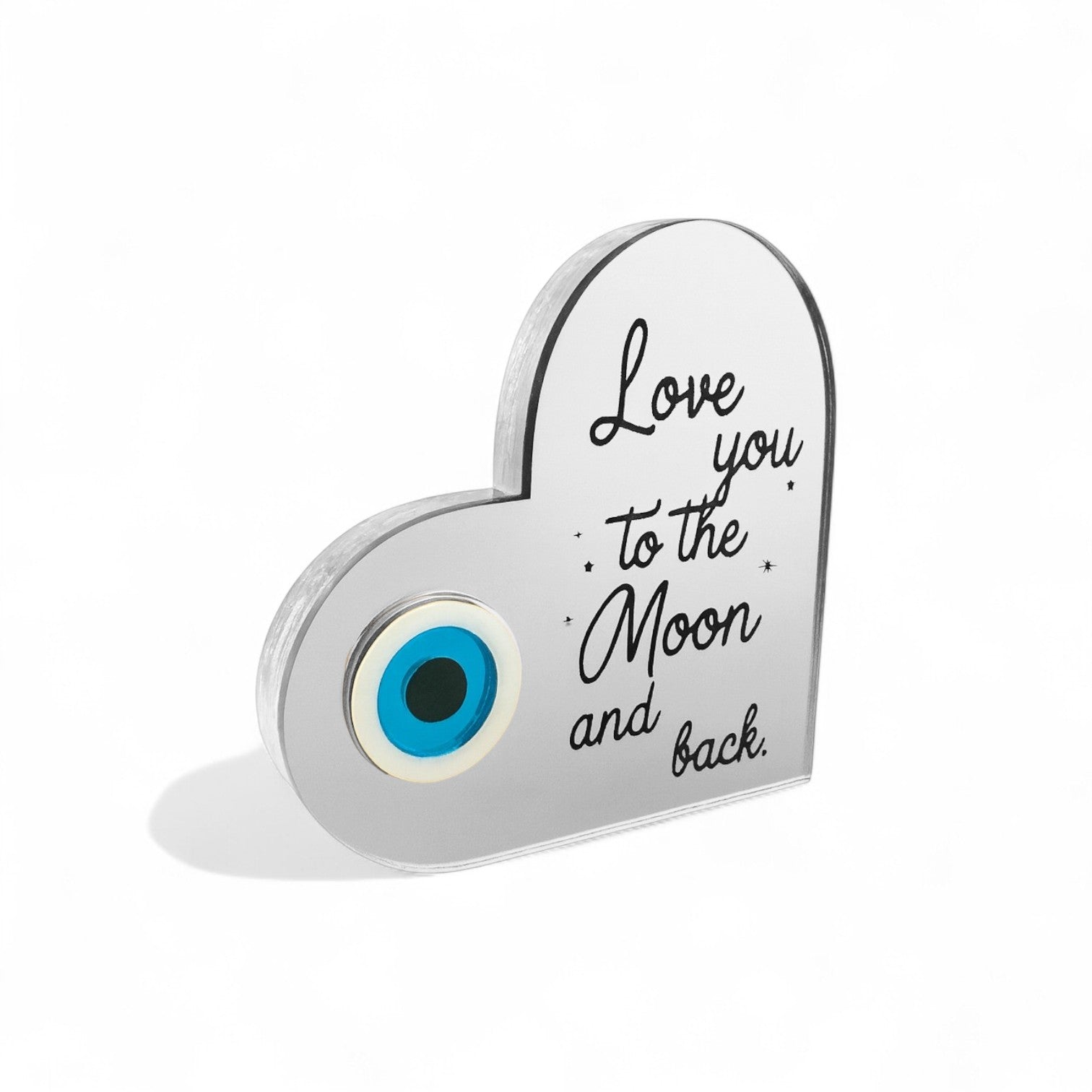 Χειροποίητο γούρι καρδιά από πλεξιγκλάς καθρέφτη με ματάκι και quote Love you to the Moon and Back