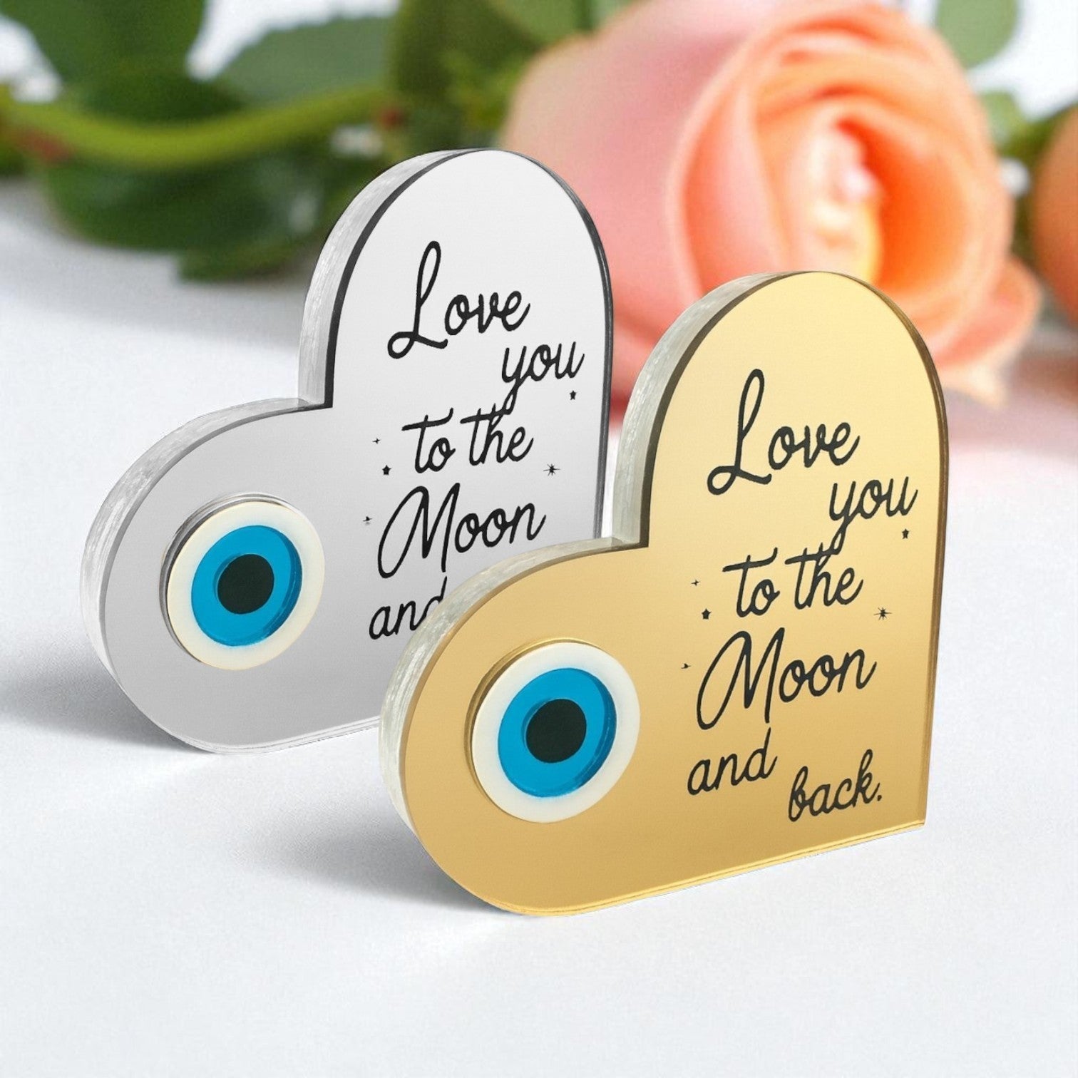Χειροποίητο γούρι καρδιά από πλεξιγκλάς καθρέφτη με ματάκι και quote Love you to the Moon and Back