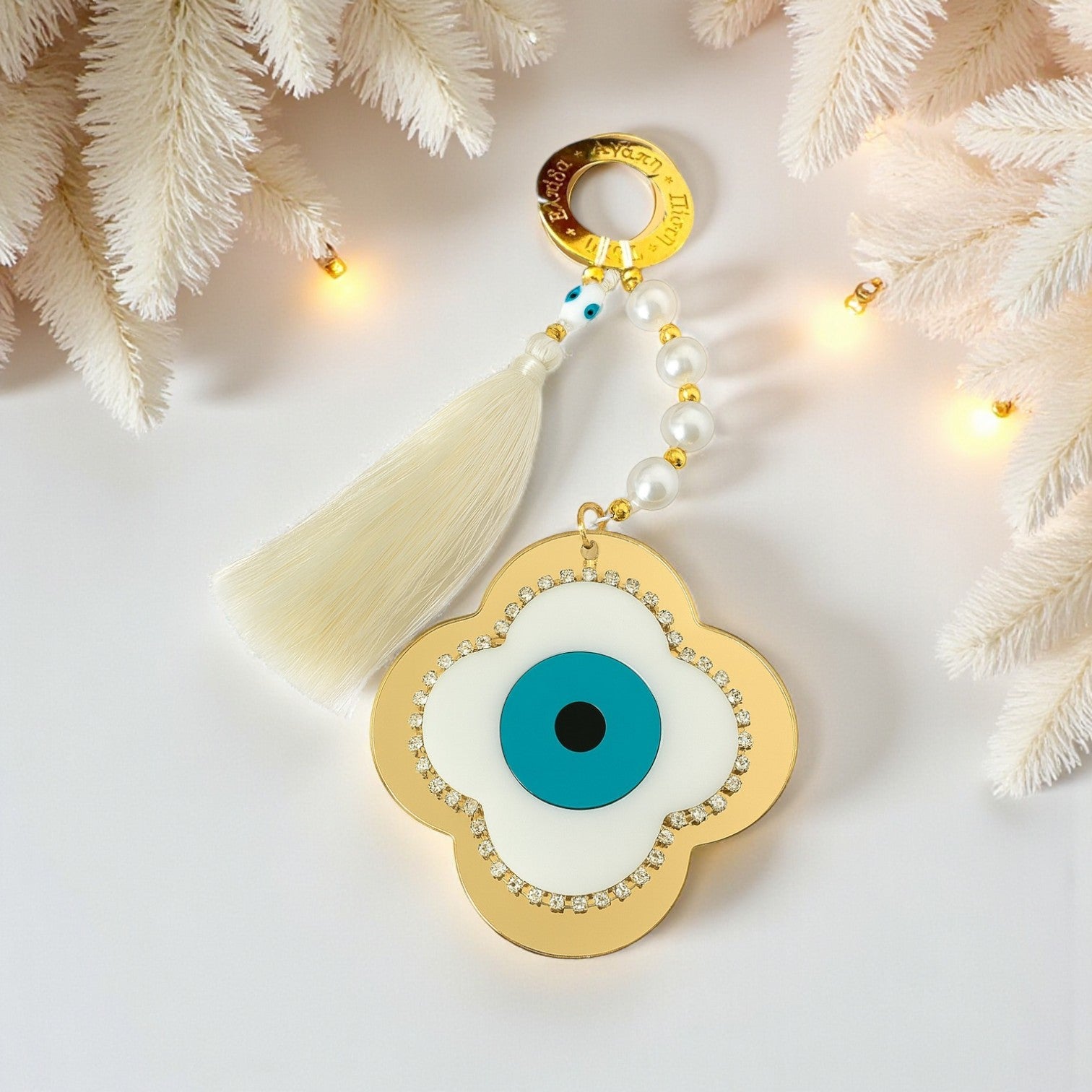 Γούρι Σταυρός με Μάτι από plexiglass χρυσού καθρέφτη με πέρλες & φούντα – So Cute by Dimi