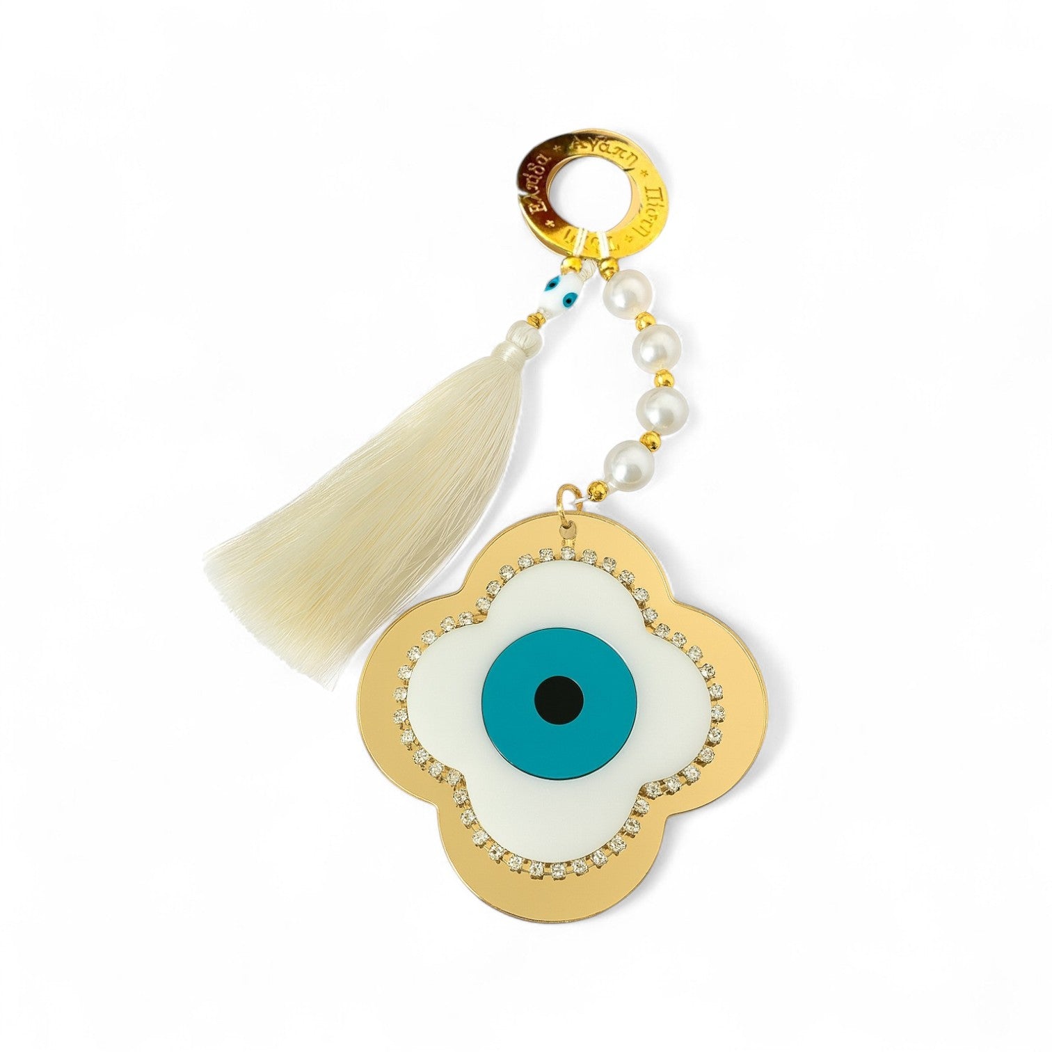 Γούρι Σταυρός με Μάτι από plexiglass χρυσού καθρέφτη με πέρλες & φούντα – So Cute by Dimi