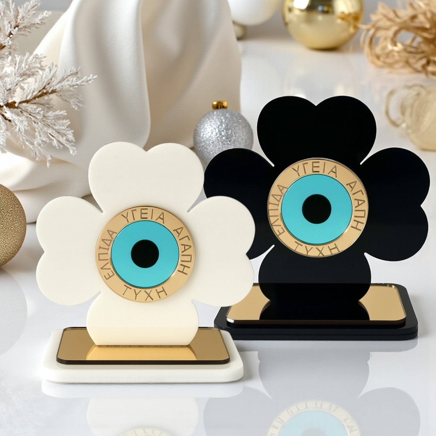 Επιτραπέζιο γούρι τετράφυλλο τριφύλλι με μάτι & ευχές από plexiglass – So Cute by Dimi