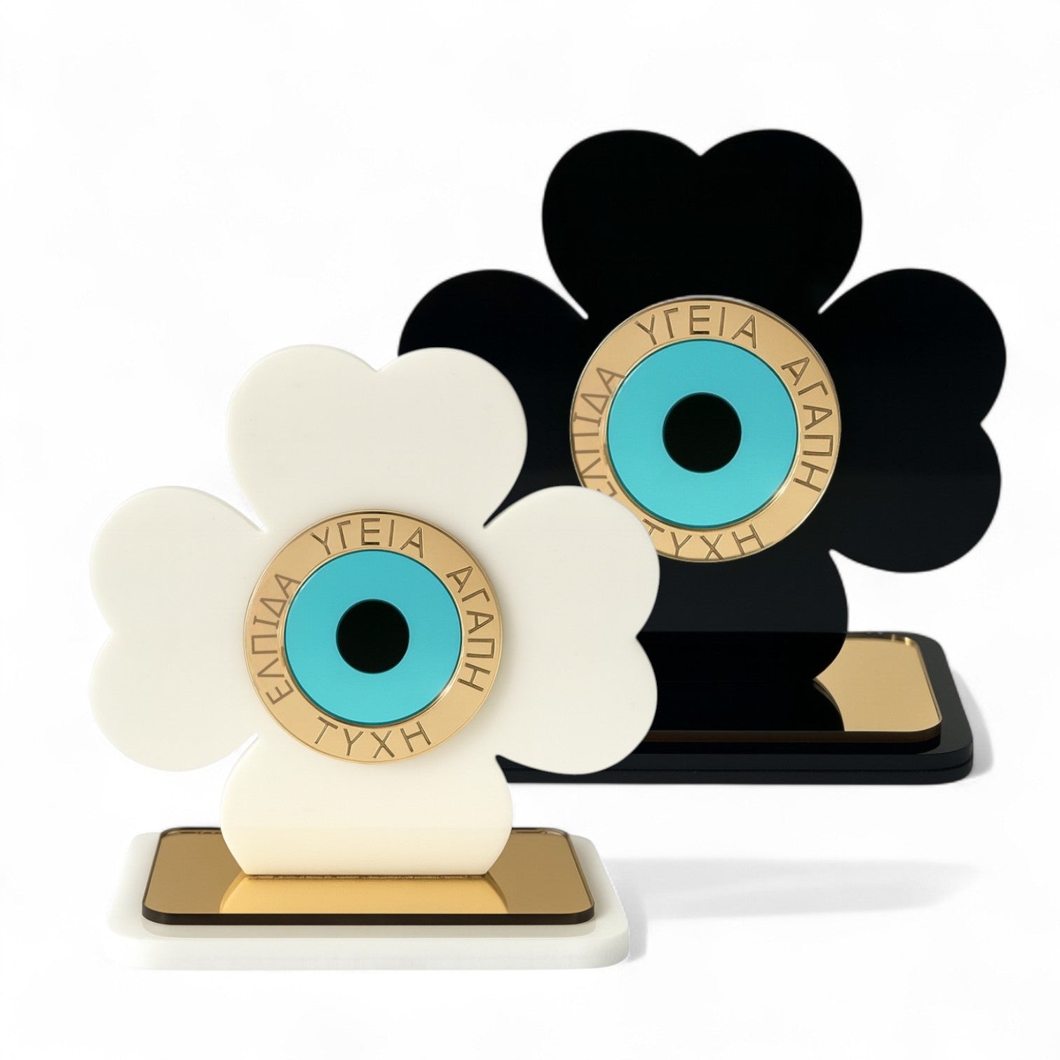 Επιτραπέζιο γούρι τετράφυλλο τριφύλλι με μάτι & ευχές από plexiglass – So Cute by Dimi