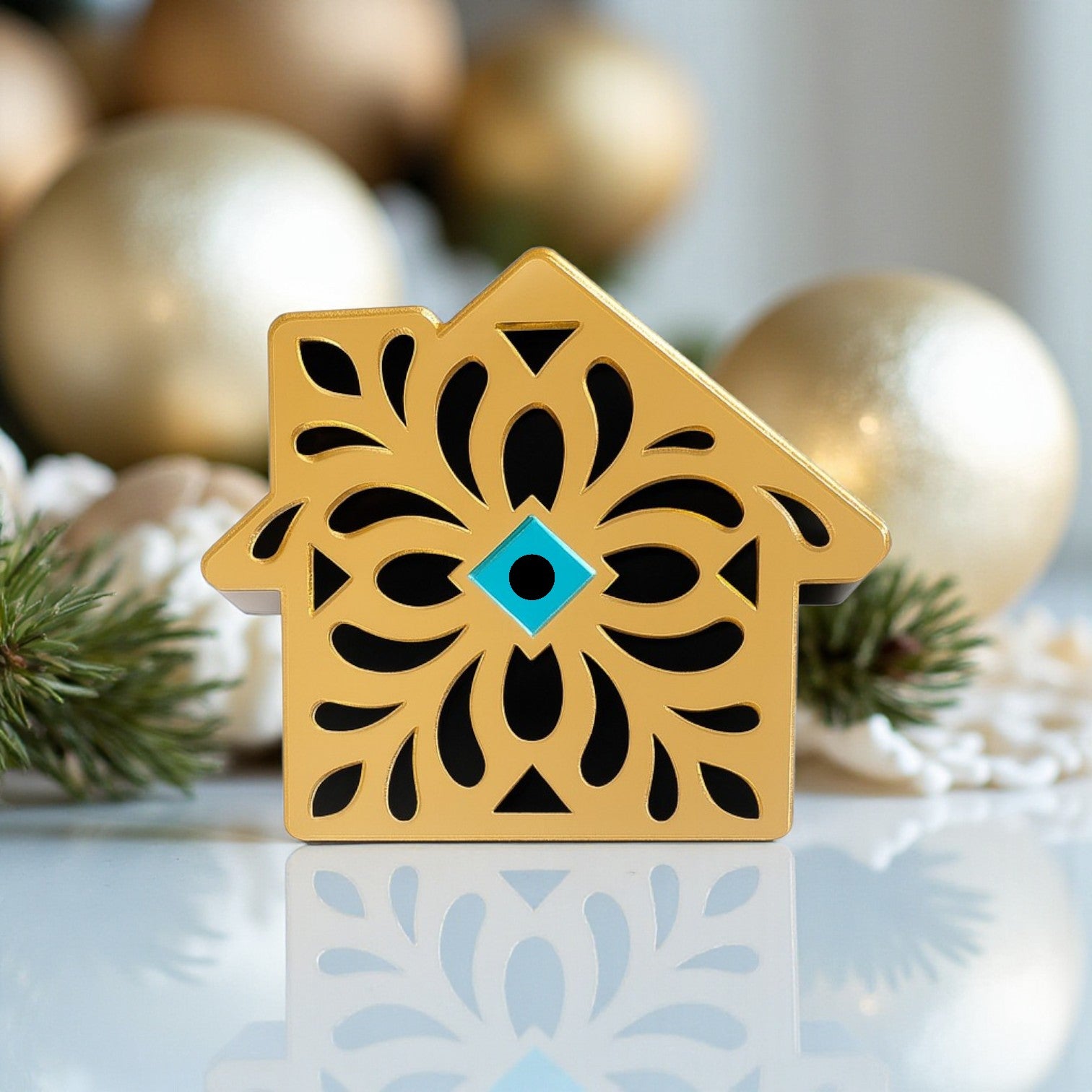 Επιτραπέζιο γούρι σπιτάκι με μάτι ρόμβο από plexiglass χρυσού καθρέφτη – So Cute by Dimi